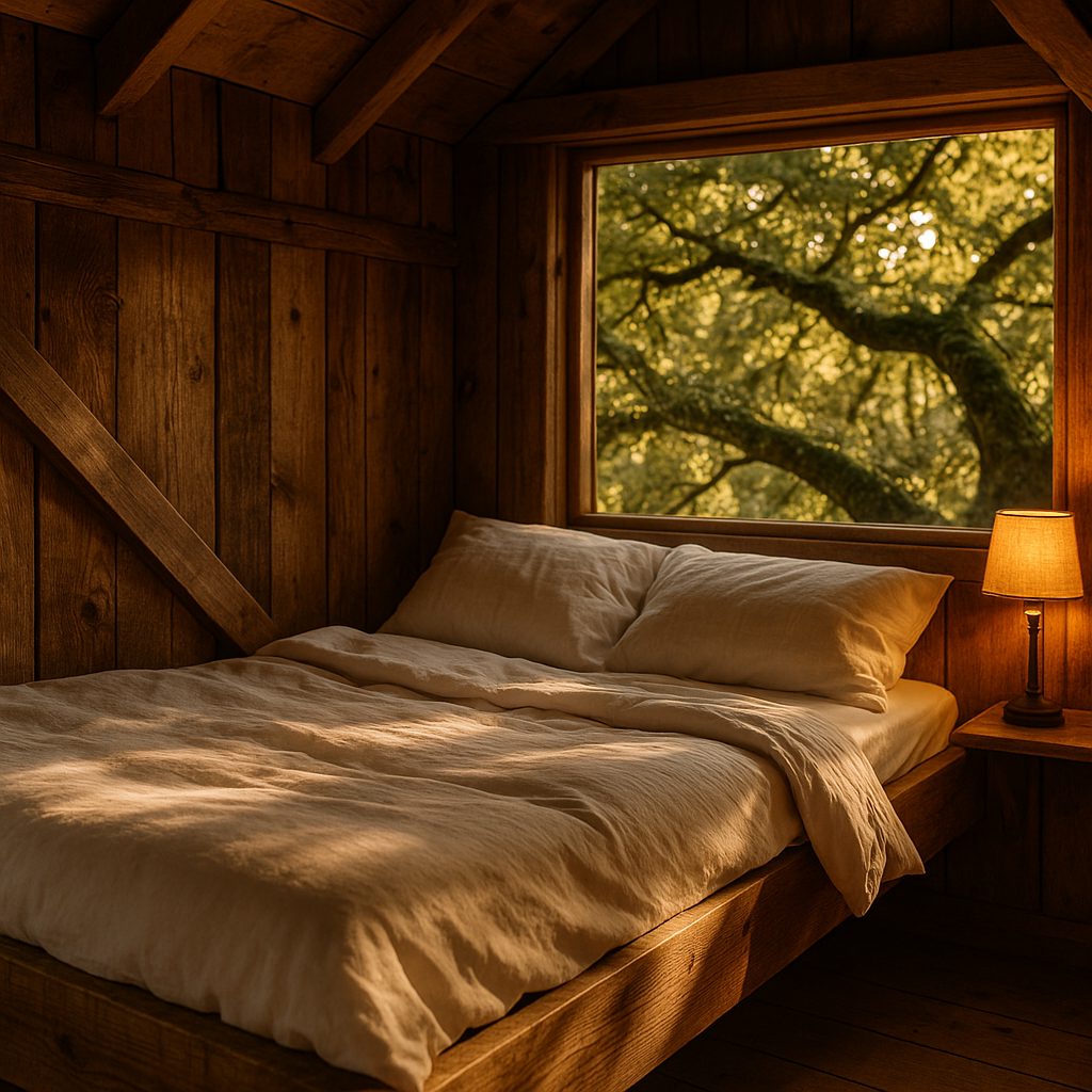 Interior of a Welsh treehouse glamping retreat showing cosy bedding — best glamping sites UK families
